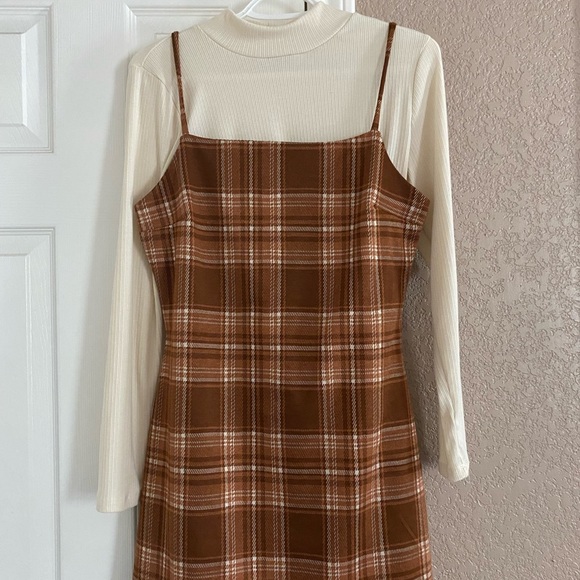 Orange Plaid dress, With white/beige crop top sweater. - Picture 1 of 1